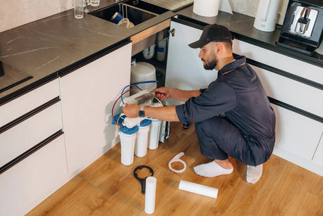 Technician replacing filters on an under sink reverse osmosis water system during maintenance