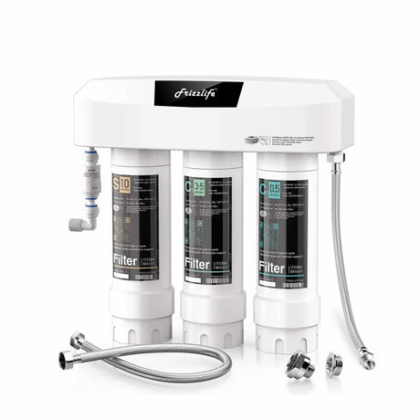 Frizzlife SK99 three-stage under sink water filter system with hoses and fittings