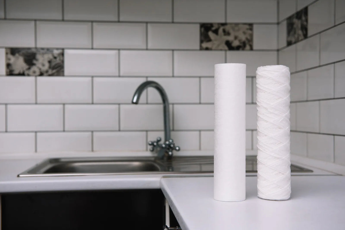 Two common water filter cartridges sitting on a kitchen counter by the sink