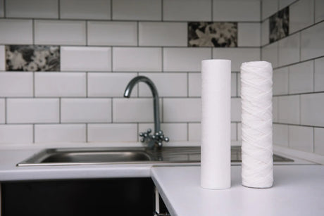 Two common water filter cartridges sitting on a kitchen counter by the sink