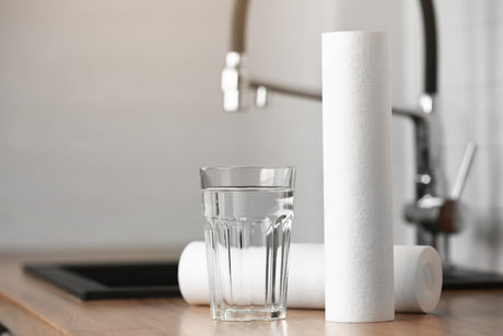 Glass of clean water beside replacement filter cartridges on a kitchen countertop.
