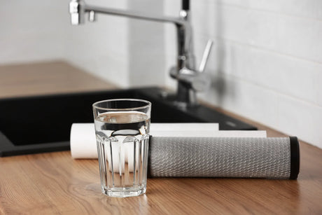 Clean RO filter cartridges sit beside fresh ready-to-drink filtered kitchen water.