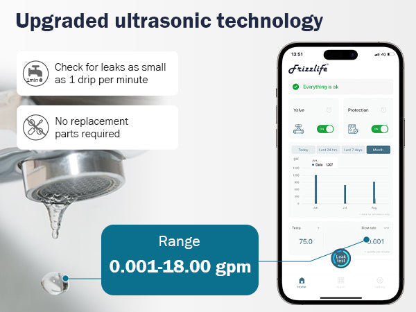 Frizzlife LP365 ultrasonic water flow monitoring for detecting abnormal household water use