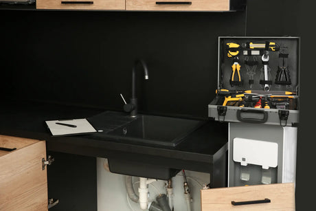 A kitchen sink area sits ready for mounting a tankless RO system in the cabinet.