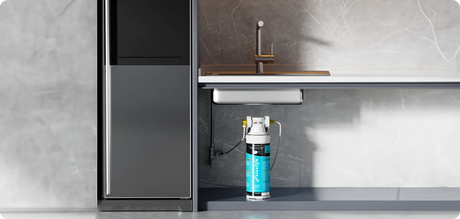 An under-sink reverse osmosis system is installed under a kitchen sink for troubleshooting.
