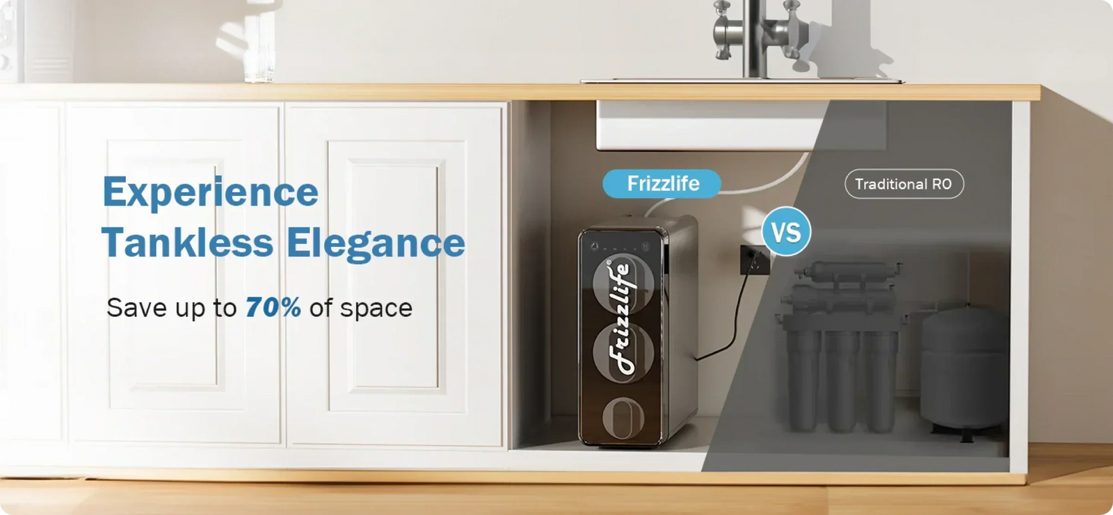 Frizzlife tankless RO vs traditional tank RO system, showing up to 70% under-sink space savings.