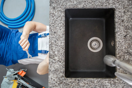 A plumber inspects and fixes a leaking under-sink water filter installation.