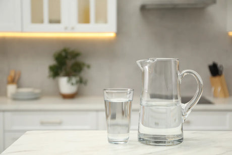 A glass pitcher and water sit ready, representing pitcher-style home water filtration.