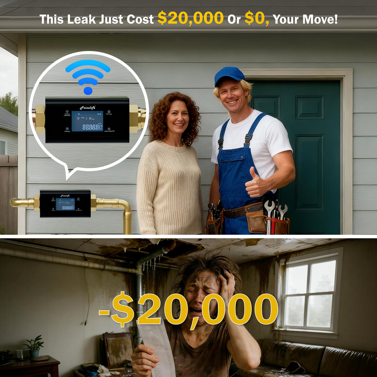 Frizzlife LP365-P Smart Water Monitor and Automatic Shutoff - 0.01 GPM Ultrasonic Micro Leak Detection, Wi-Fi / APP Control, Pressure+Flow Monitoring, 24/7 Water Usage Reports, Fits 3/4" and 1"