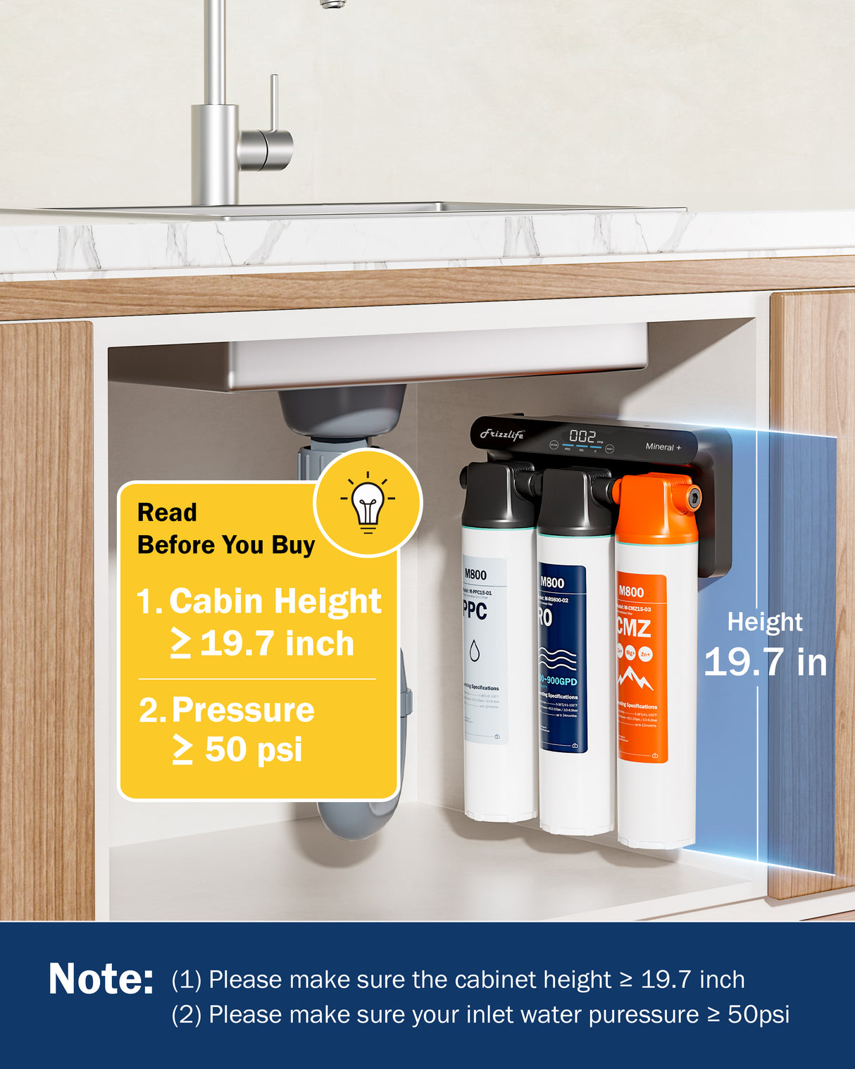 Frizzlife M800 Non-Electric Tankless RO System, 900 GPD Alkaline Remineralization