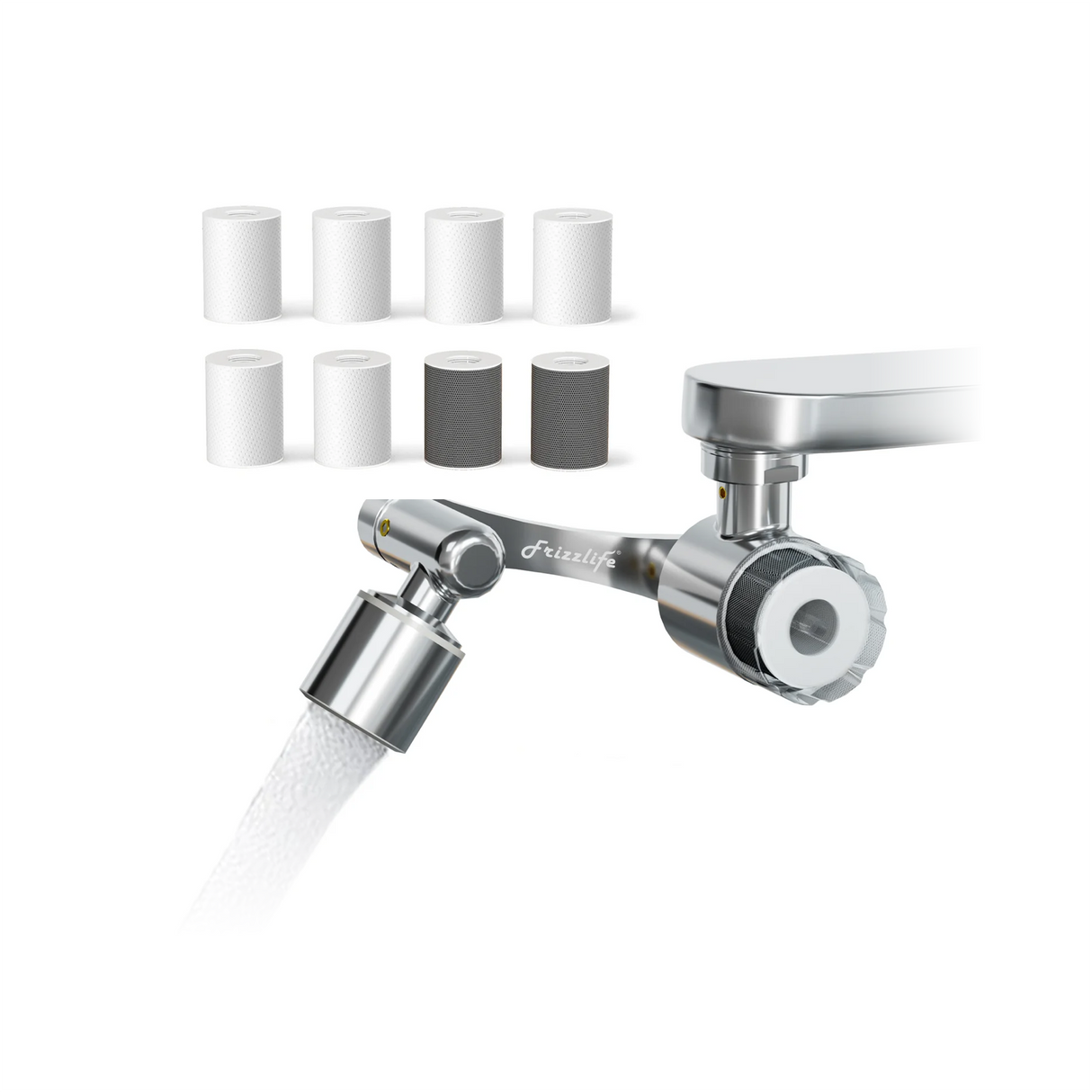 Rallonge de robinet d'évier anti-éclaboussures Frizzlife avec filtre, certifiée NSF, réduction de 99 % du chlore, aérateur de robinet rotatif à 1080°, accessoire de pulvérisation à 2 modes pour cuisine/salle de bain/tout-petits, 8 filtres de rechange 