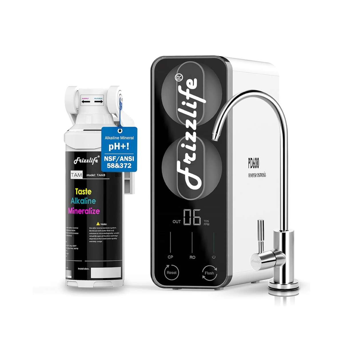 Sistema de agua de ósmosis inversa sin tanque Frizzlife 600 GPD con alcalinidad y remineralización, PD600-TAM3 