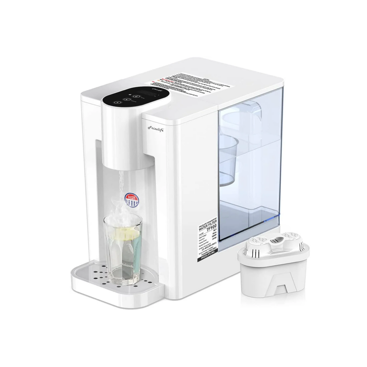 FRIZZLIFE TF900 Filtre distributeur d'eau chaude instantanée, 5 températures et 3 réglages de volume, verrouillage de sécurité haute température, zéro installation, test standard UL, 1 filtre inclus
